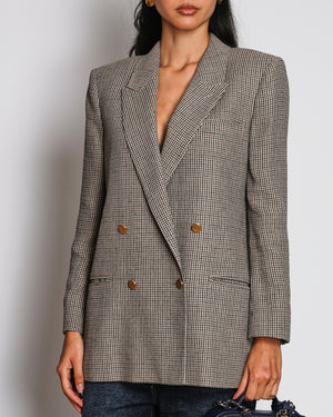 Gucci Brown, Beige and Navy Wool Checkered Double Breasted Blazer Jacket with Gold Buttons Size IT 40 (UK 8)
