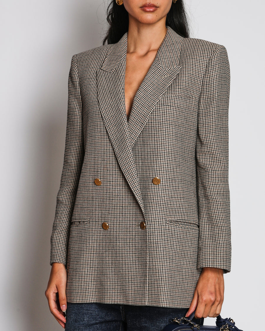 Gucci Brown, Beige and Navy Wool Checkered Double Breasted Blazer Jacket with Gold Buttons Size IT 40 (UK 8)