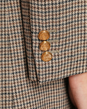 Gucci Brown, Beige and Navy Wool Checkered Double Breasted Blazer Jacket with Gold Buttons Size IT 40 (UK 8)