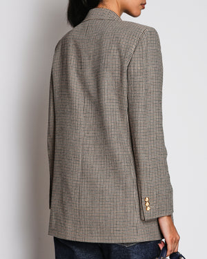 Gucci Brown, Beige and Navy Wool Checkered Double Breasted Blazer Jacket with Gold Buttons Size IT 40 (UK 8)