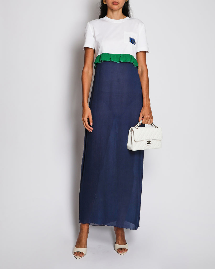 Prada White and Navy Short-Sleeved Jersey Maxi Dress with Chiffon Sheer Bottom and Green Ruffle Detail Size IT 42 (UK 10) RRP £1,490