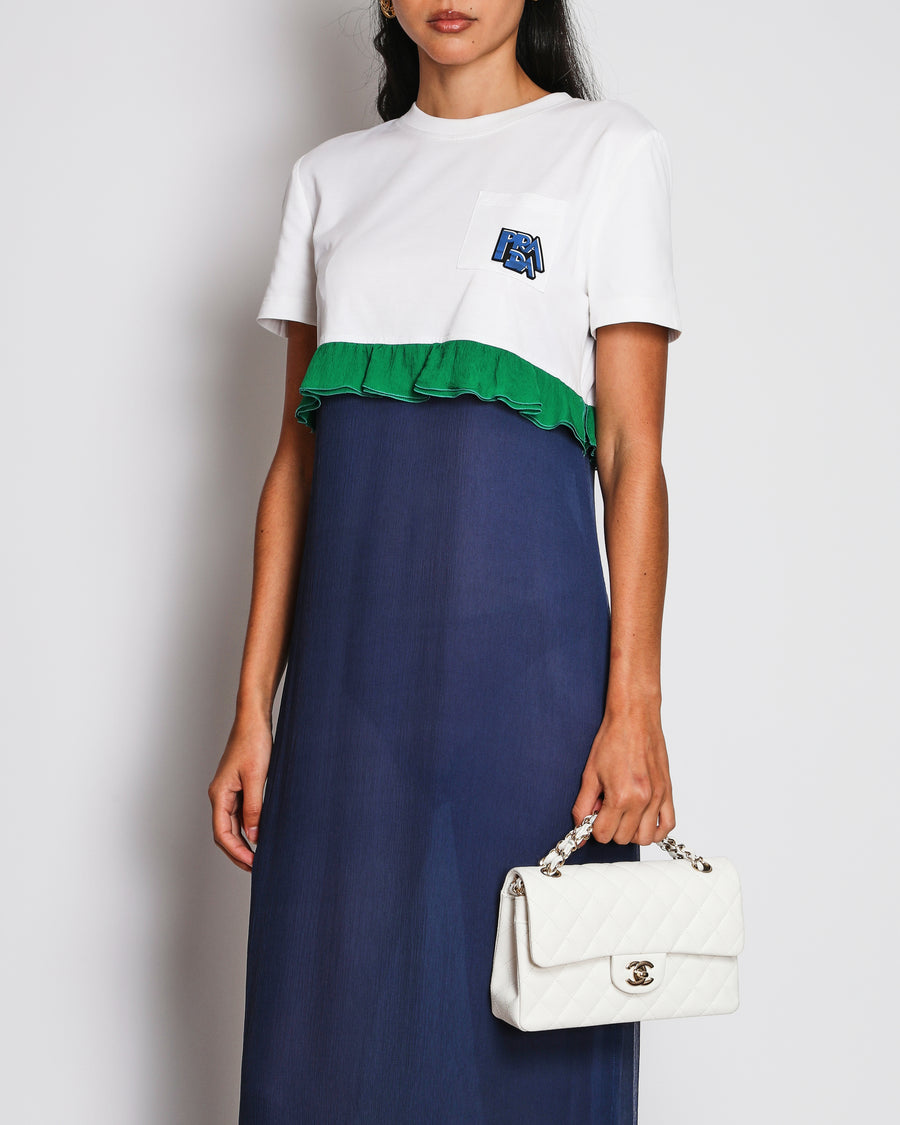 Prada White and Navy Short-Sleeved Jersey Maxi Dress with Chiffon Sheer Bottom and Green Ruffle Detail Size IT 42 (UK 10) RRP £1,490