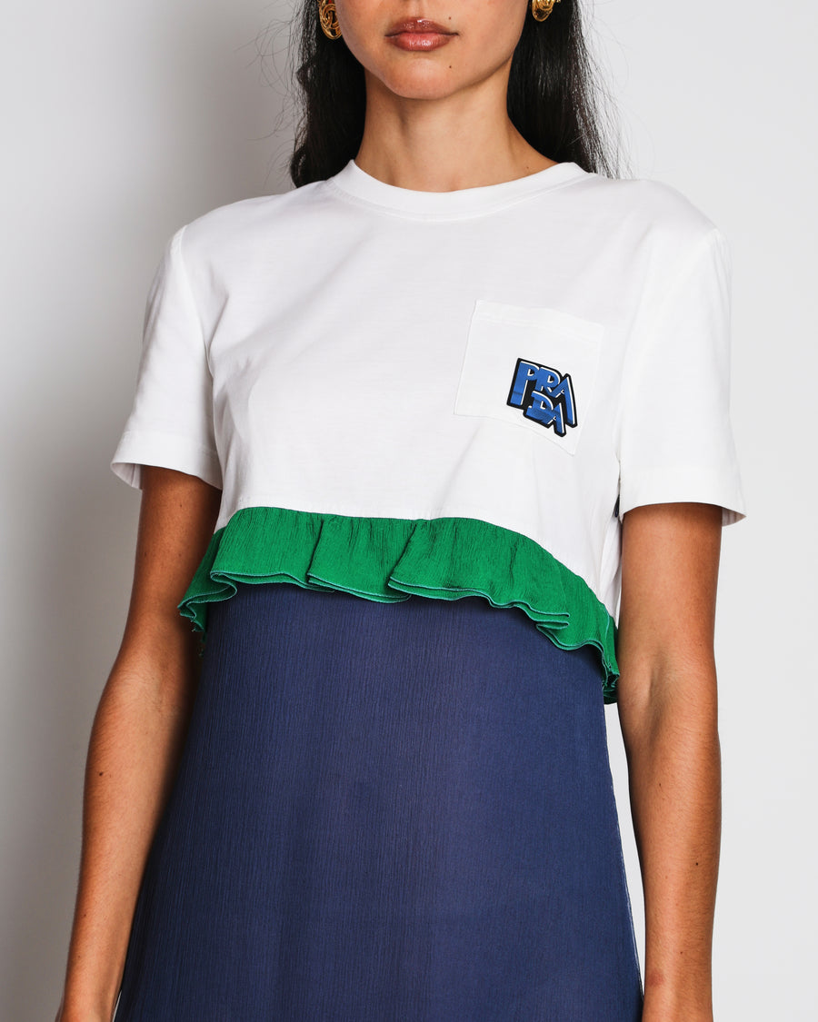 Prada White and Navy Short-Sleeved Jersey Maxi Dress with Chiffon Sheer Bottom and Green Ruffle Detail Size IT 42 (UK 10) RRP £1,490