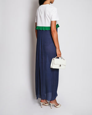 Prada White and Navy Short-Sleeved Jersey Maxi Dress with Chiffon Sheer Bottom and Green Ruffle Detail Size IT 42 (UK 10) RRP £1,490