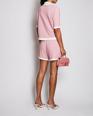 Versace Pink Short-Sleeve Knit Cardigan and Shorts Set with White Trim and Silver Button Details Size IT 38/44 (UK 6/12)