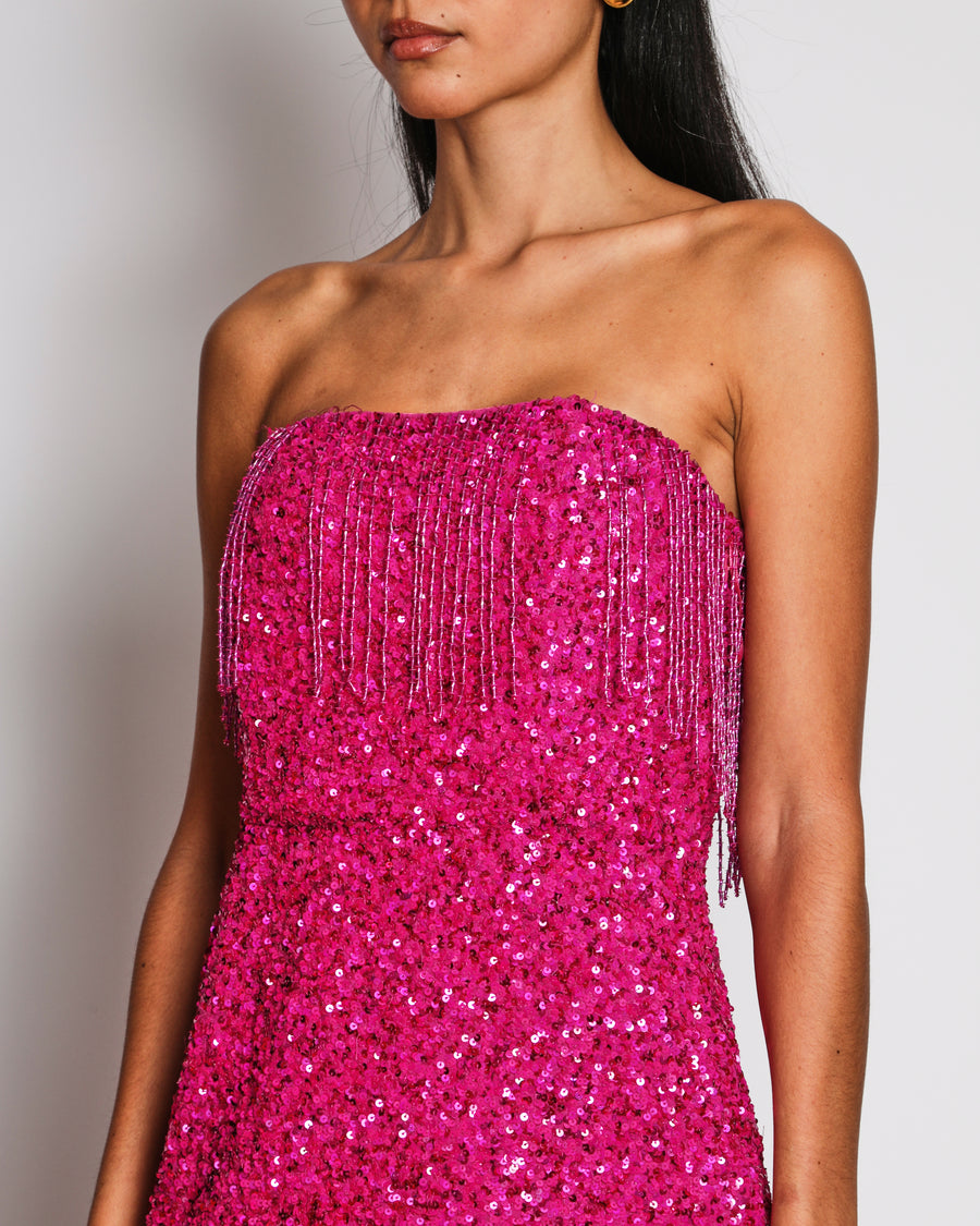 Retrofete Vibrant Pink Cassandra Sequin-Embellished Mini Dress with Fringe Detail Size M (UK 10)