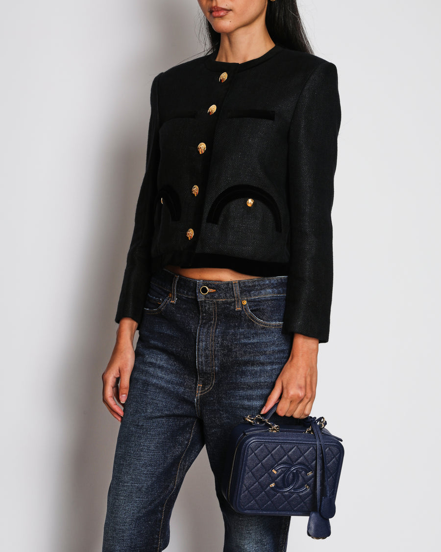 Blazé Milano Black Cropped Blazer Jacket with Velvet Trim and Gold Button Details Size 1 (UK 8) RRP £1,095