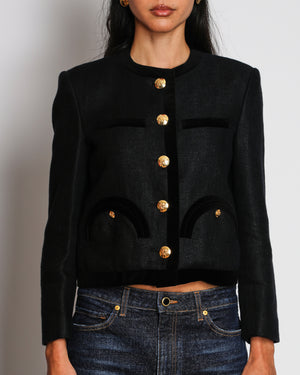Blazé Milano Black Cropped Blazer Jacket with Velvet Trim and Gold Button Details Size 1 (UK 8) RRP £1,095