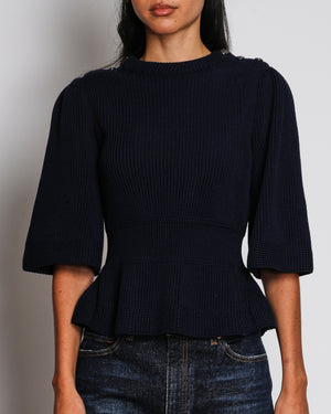 Chanel 03/A Navy Blue Ribbed Knit Peplum Jumper Size FR 38 (UK 10)