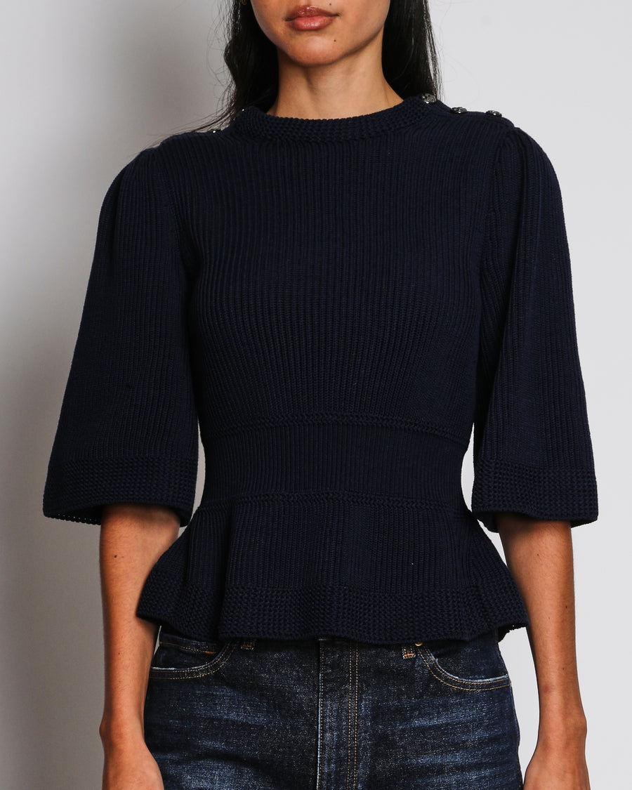 Chanel 03/A Navy Blue Ribbed Knit Peplum Jumper Size FR 38 (UK 10)