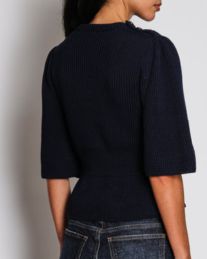 Chanel 03/A Navy Blue Ribbed Knit Peplum Jumper Size FR 38 (UK 10)