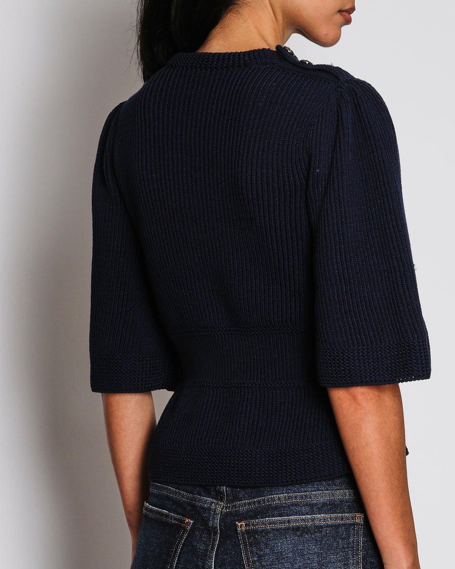 Chanel 03/A Navy Blue Ribbed Knit Peplum Jumper Size FR 38 (UK 10)