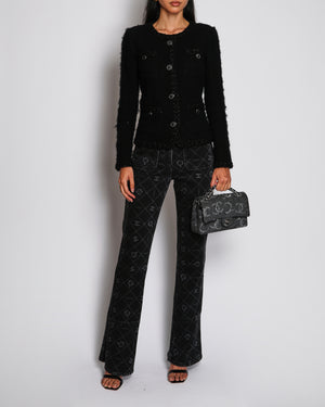 Chanel 2016 Pre-Fall Black Collarless Textured Wool Jacket with Metallic Black CC Buttons and Pocket Detail Size FR 36 (UK 8)