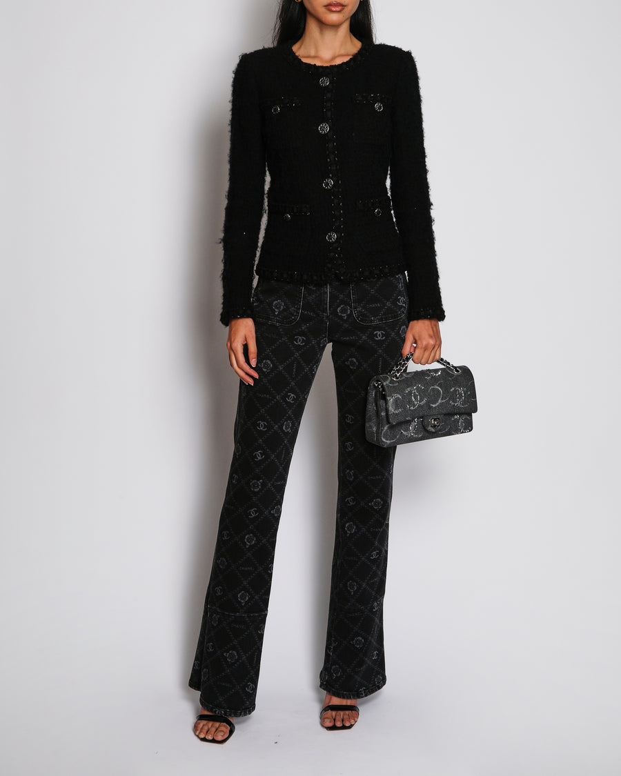 Chanel 2016 Pre-Fall Black Collarless Textured Wool Jacket with Metallic Black CC Buttons and Pocket Detail Size FR 36 (UK 8)