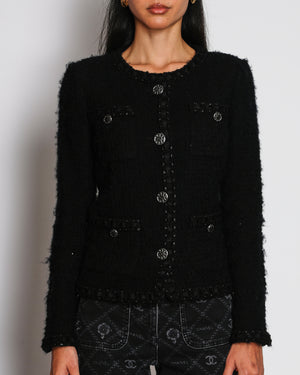 Chanel 2016 Pre-Fall Black Collarless Textured Wool Jacket with Metallic Black CC Buttons and Pocket Detail Size FR 36 (UK 8)