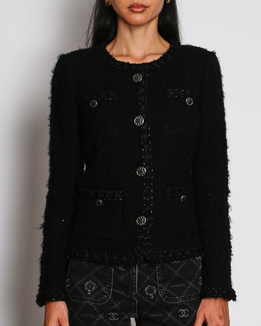 Chanel 2016 Pre-Fall Black Collarless Textured Wool Jacket with Metallic Black CC Buttons and Pocket Detail Size FR 36 (UK 8)