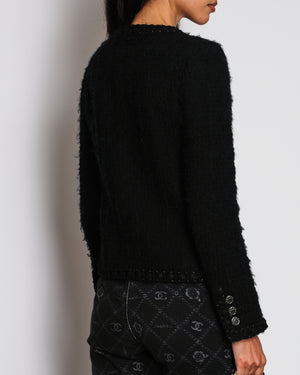 Chanel 2016 Pre-Fall Black Collarless Textured Wool Jacket with Metallic Black CC Buttons and Pocket Detail Size FR 36 (UK 8)