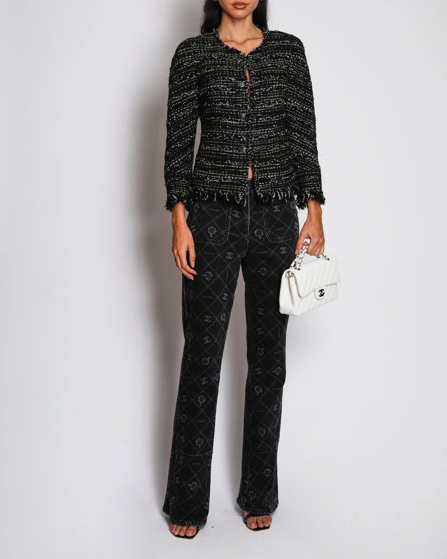 Chanel 13S/S Black and White Collarless Textured Jacket with Metallic Black D CC Buttons and Pocket Detail Size FR 36 (UK 8)