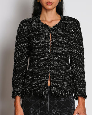 Chanel 13S/S Black and White Collarless Textured Jacket with Metallic Black D CC Buttons and Pocket Detail Size FR 36 (UK 8)