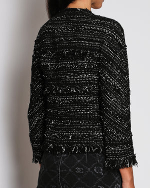 Chanel 13S/S Black and White Collarless Textured Jacket with Metallic Black D CC Buttons and Pocket Detail Size FR 36 (UK 8)