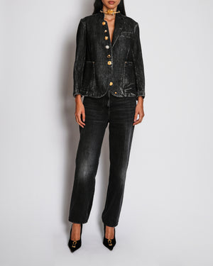 Schiaparelli F/W 25 Dark Grey Denim Jacket With Gold Gem Buttons Details Size FR 38 (UK 10)