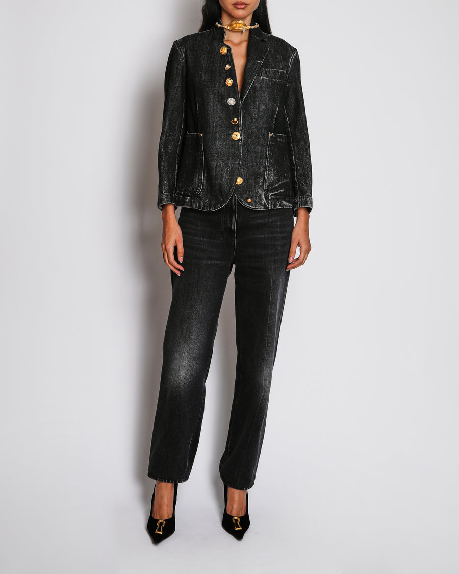 Schiaparelli F/W 25 Dark Grey Denim Jacket With Gold Gem Buttons Details Size FR 38 (UK 10)