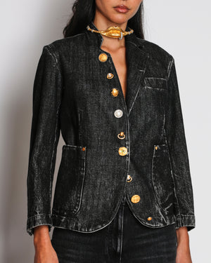 Schiaparelli F/W 25 Dark Grey Denim Jacket With Gold Gem Buttons Details Size FR 38 (UK 10)