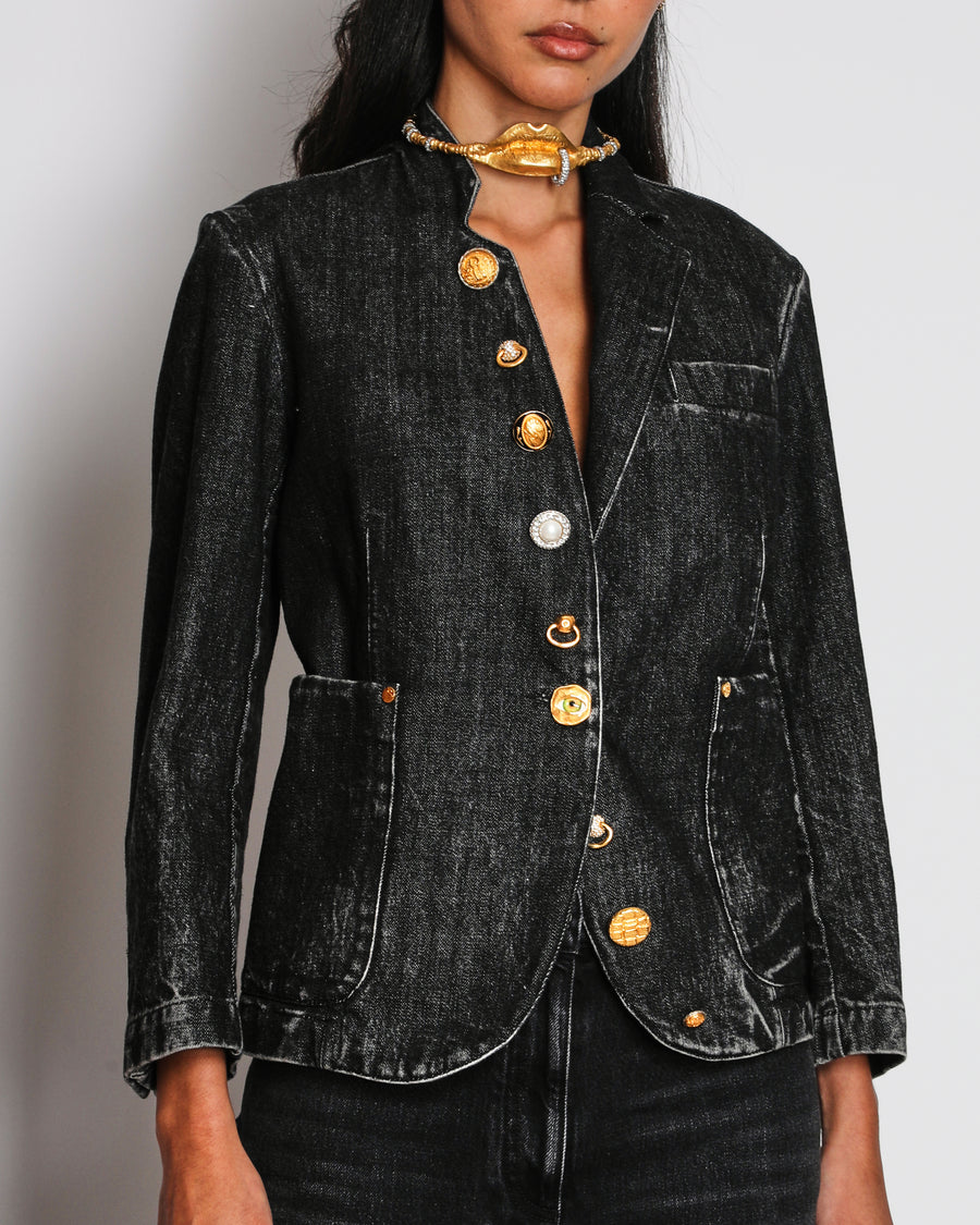 Schiaparelli F/W 25 Dark Grey Denim Jacket With Gold Gem Buttons Details Size FR 38 (UK 10)