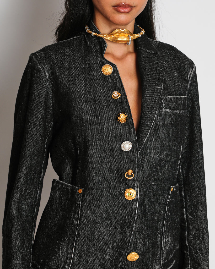 Schiaparelli F/W 25 Dark Grey Denim Jacket With Gold Gem Buttons Details Size FR 38 (UK 10)