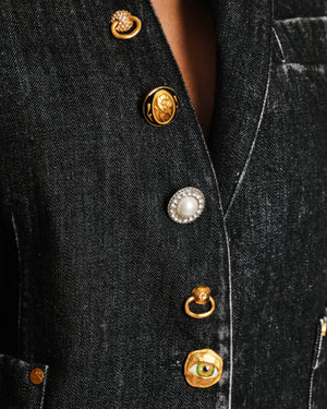 Schiaparelli F/W 25 Dark Grey Denim Jacket With Gold Gem Buttons Details Size FR 38 (UK 10)