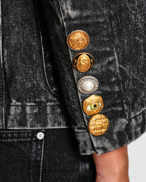 Schiaparelli F/W 25 Dark Grey Denim Jacket With Gold Gem Buttons Details Size FR 38 (UK 10)