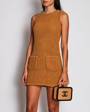 Chanel Cruise 2017 "Coco Cuba" Beige Knit Sleeveless Mini Dress with Coco Cuba Button Details Size FR 34 (UK 6)