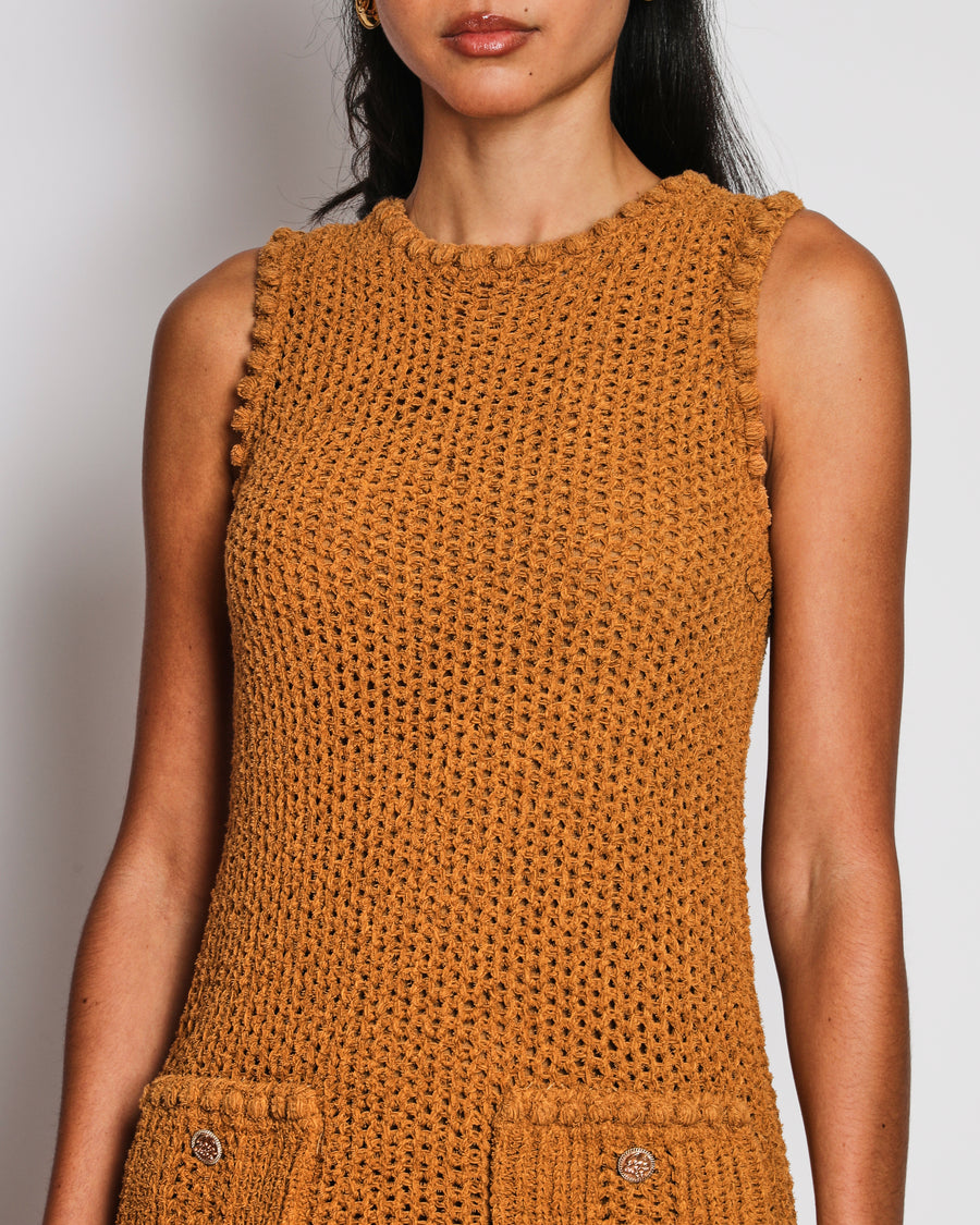 Chanel Cruise 2017 "Coco Cuba" Beige Knit Sleeveless Mini Dress with Coco Cuba Button Details Size FR 34 (UK 6)