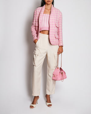 Chanel Spring 1996 Vintage Pink and Cream Tweed Jacket with Front Pocket Details and Pink CC Logo Buttons Size FR 38 (UK 10)