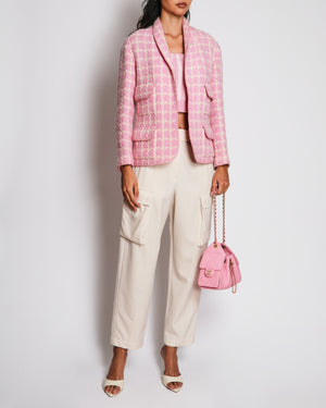 Chanel Spring 1996 Vintage Pink and Cream Tweed Jacket with Front Pocket Details and Pink CC Logo Buttons Size FR 38 (UK 10)