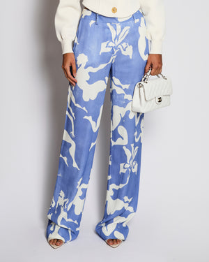 Schiaparelli Blue and White Silk Trouser with Graphic Print Design Size FR 34 (UK 6)