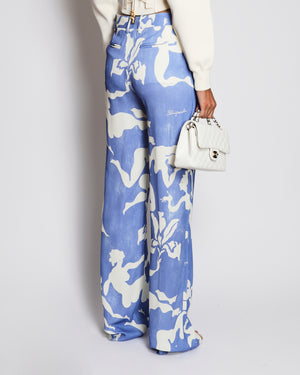 Schiaparelli Blue and White Silk Trouser with Graphic Print Design Size FR 34 (UK 6)