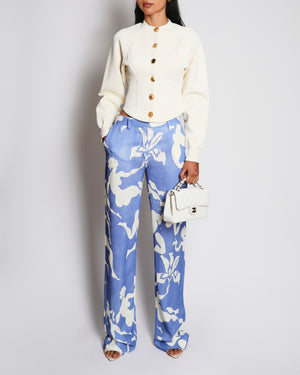 Schiaparelli Blue and White Silk Trouser with Graphic Print Design Size FR 34 (UK 6)