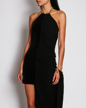 Schiaparelli Black Velvet Draped One Shoulder Mini Dress With Shoulder Gold Chain Detail Size FR 34 (UK 6)
