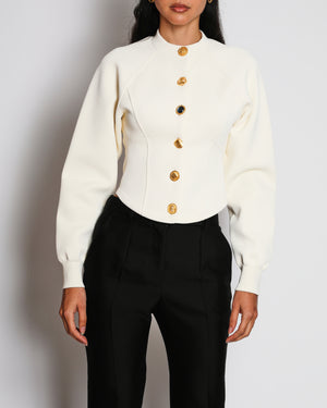 Schiaparelli Cream Cardigan With Gold Gem Buttons and Lace Back Details Size FR 34 (UK 6)