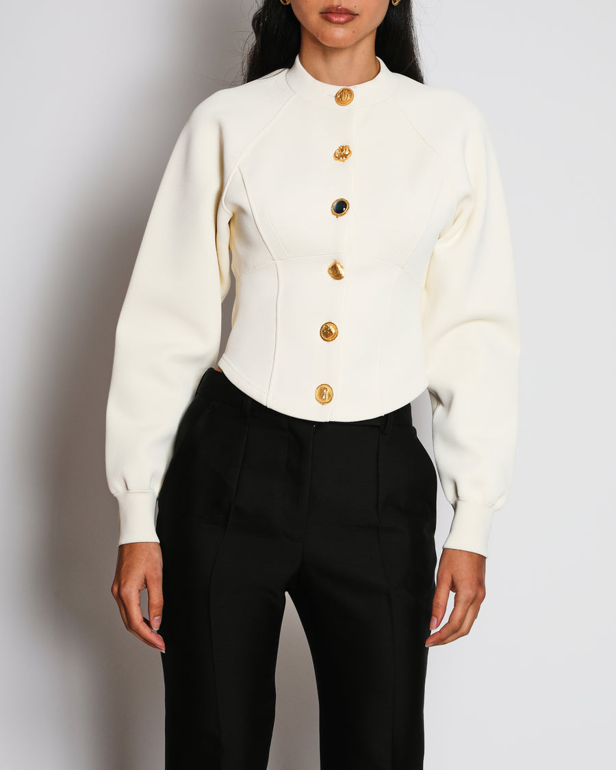 Schiaparelli Cream Cardigan With Gold Gem Buttons and Lace Back Details Size FR 34 (UK 6)