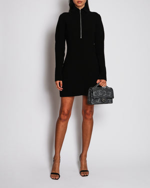 Hermès Black Wool Long Sleeve Mini Dress with Silver Zip Up Detail Size FR 40 (UK 12)