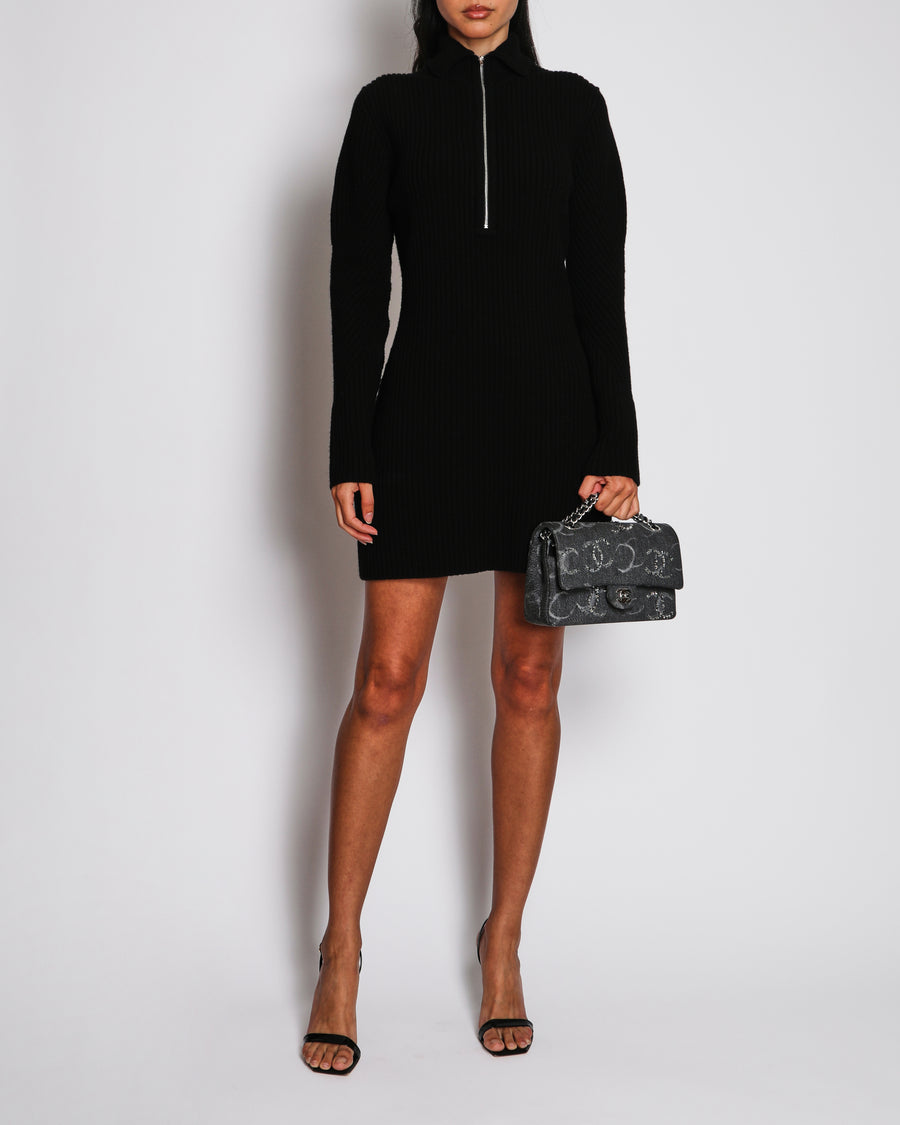 Hermès Black Wool Long Sleeve Mini Dress with Silver Zip Up Detail Size FR 40 (UK 12)