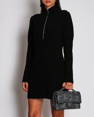 Hermès Black Wool Long Sleeve Mini Dress with Silver Zip Up Detail Size FR 40 (UK 12)
