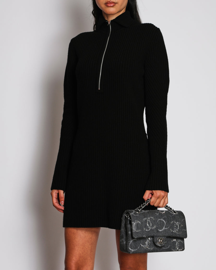 Hermès Black Wool Long Sleeve Mini Dress with Silver Zip Up Detail Size FR 40 (UK 12)