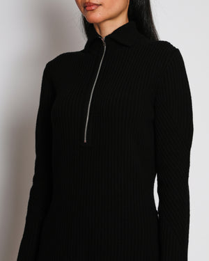 Hermès Black Wool Long Sleeve Mini Dress with Silver Zip Up Detail Size FR 40 (UK 12)