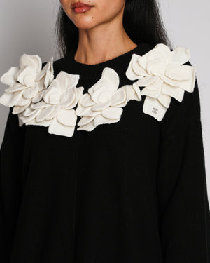 Chanel 25FW Black Wool Knitted Long-Sleeved Long Sleeve Dress with Ivory Floral Appliqué Detail Size FR 40 (UK 12)