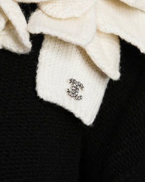 Chanel 25FW Black Wool Knitted Long-Sleeved Long Sleeve Dress with Ivory Floral Appliqué Detail Size FR 40 (UK 12)