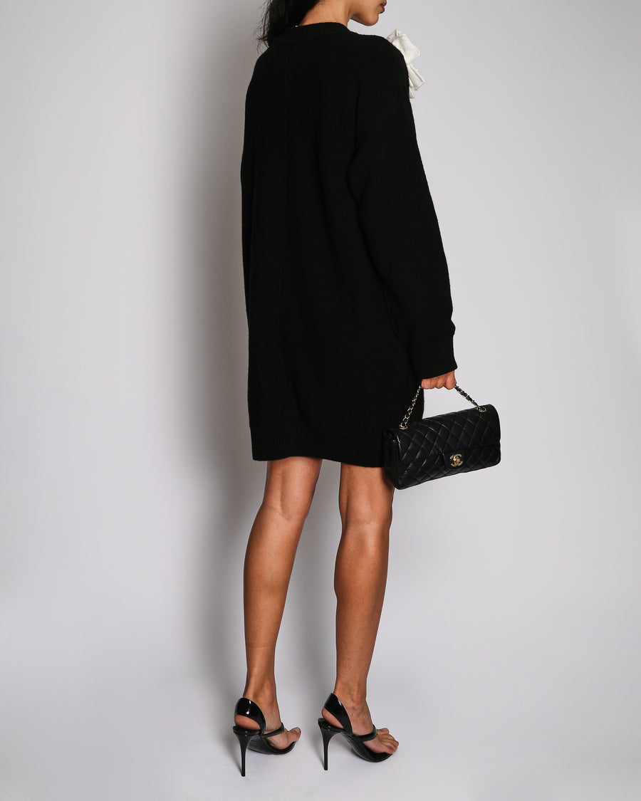 Chanel 25FW Black Wool Knitted Long-Sleeved Long Sleeve Dress with Ivory Floral Appliqué Detail Size FR 40 (UK 12)