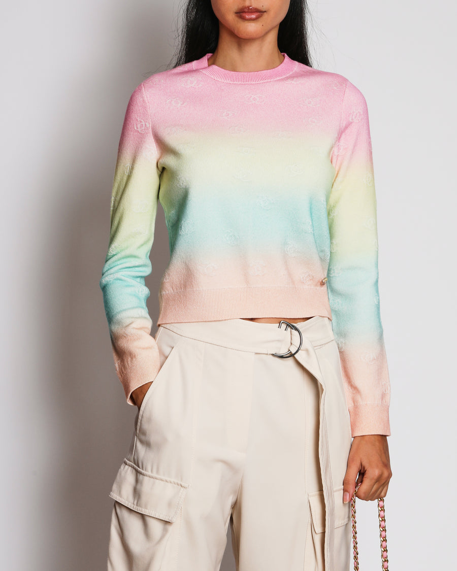 Chanel Cruise 2024 Multi-Colour Gradient Cashmere Sweater with CC Logo Embroideries and Glitter CC Logo Button Detail Size FR 34 (UK 6)